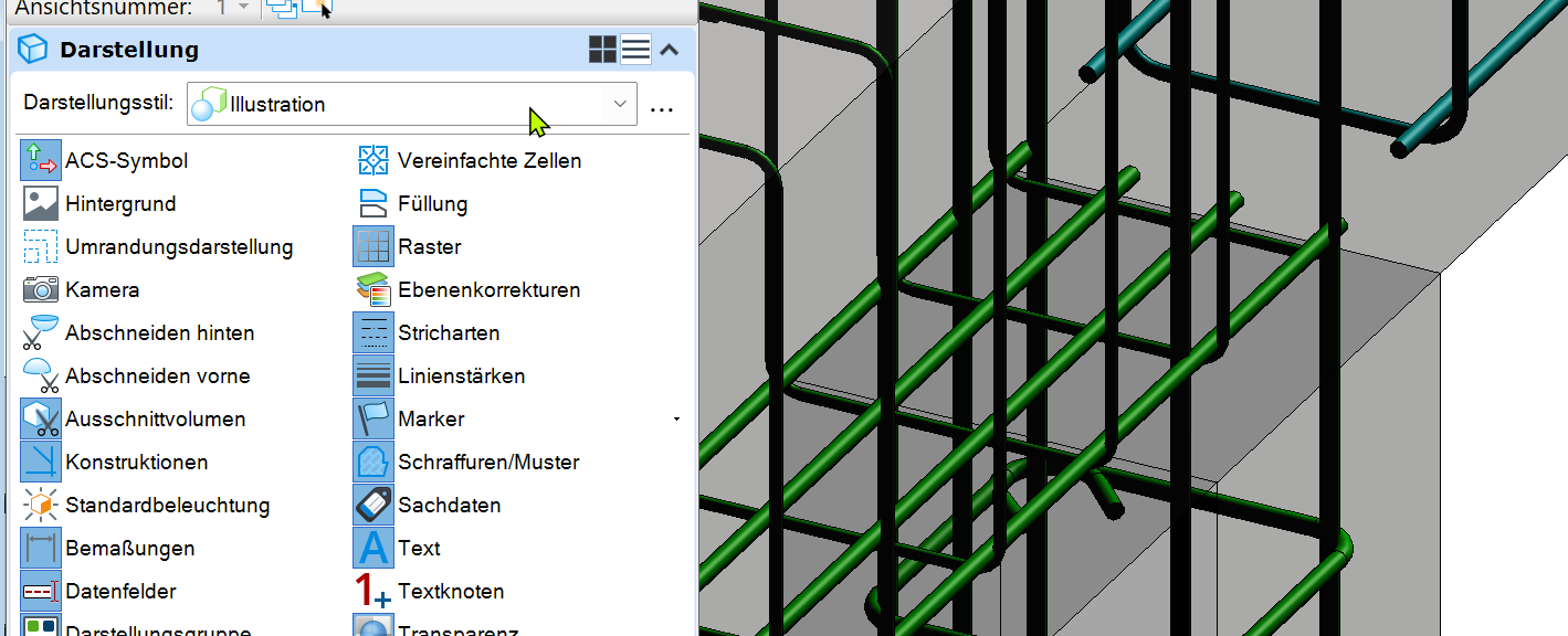 Bewehrung in Microstation Connect. Auch hier ist ein flüssiges Arbeiten in gerenderter Darstellung möglich.